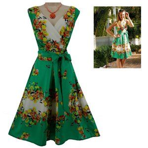 Size 16 XL 1X BIRD PRINT FIT+FLARE DRESS W/TIE VINTAGE